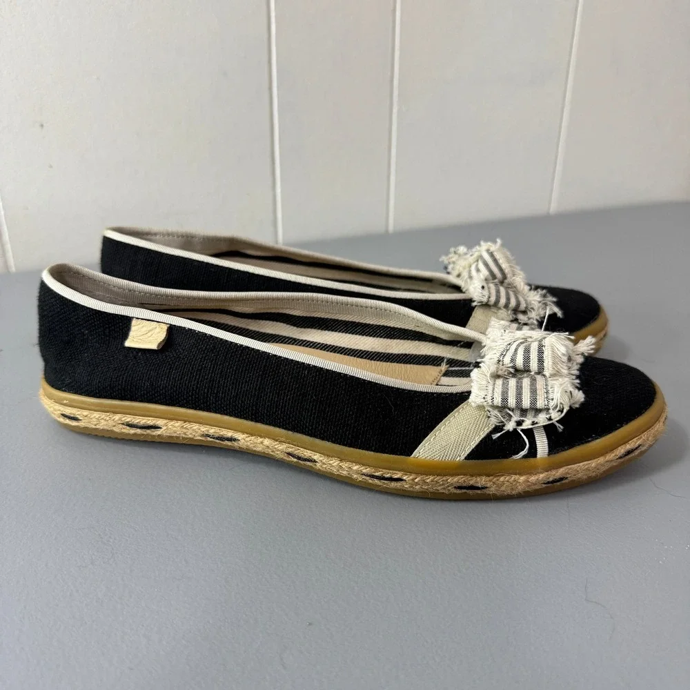 Sperry Top-Sider Black Espadrille Flats Women's 7.5M Striped Bow Detail